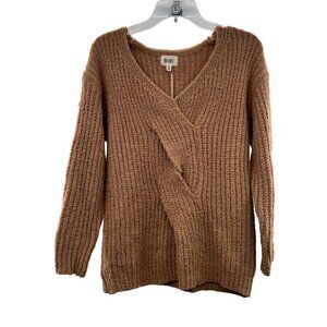 BiBi Women's Twisted Front Knit Sweater V-Neck Long Sleeve Tan Size Small New